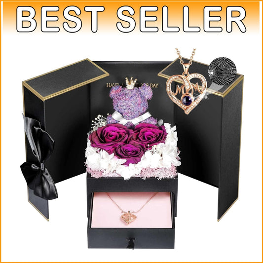 Charming Gift Set for Mom: Roses, Bear, and I Love You Necklace in Rose Gold