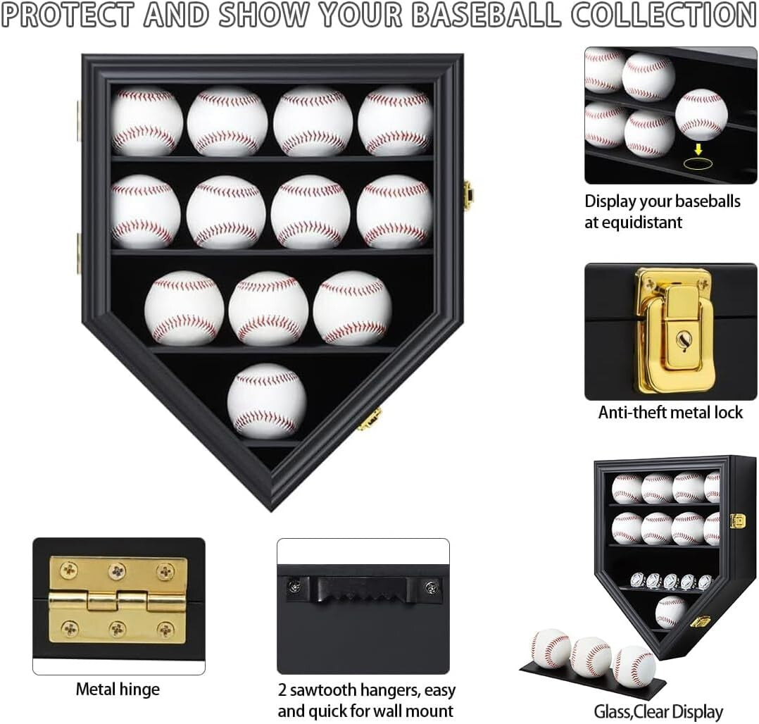 Exquisite Shatterproof Baseball Wall Mount Display Case - Holds 12 Balls & Rings
