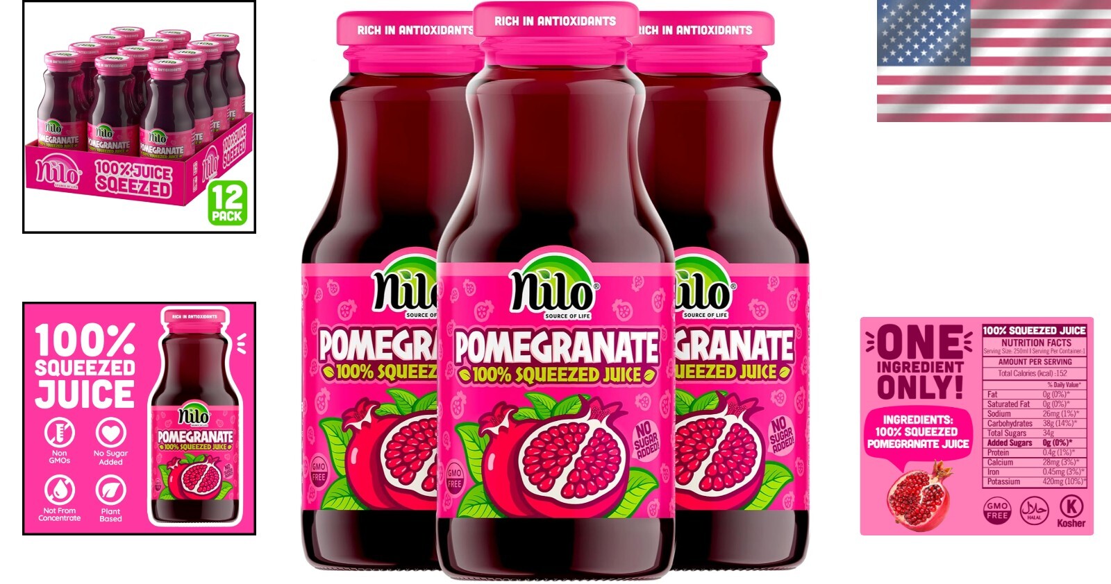 Farm Fresh 100% Pure Pomegranate Juice | 12 Pack, 250ml, not from concentrate