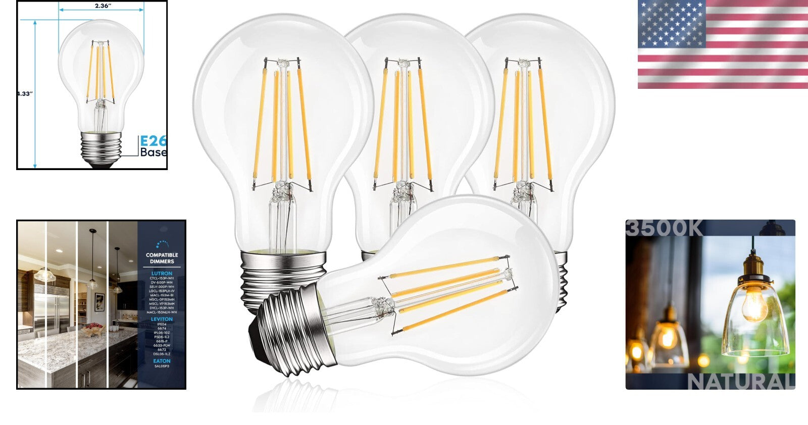 Elegant A19 LED Edison Bulbs 4-Pack - 60W Equivalent, 3500K Natural White Light