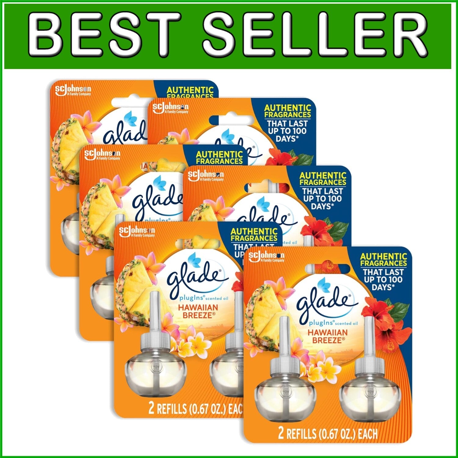 Adjustable Hawaiian Breeze PlugIns Air Freshener - 6 Refill Bottles, 50 Days