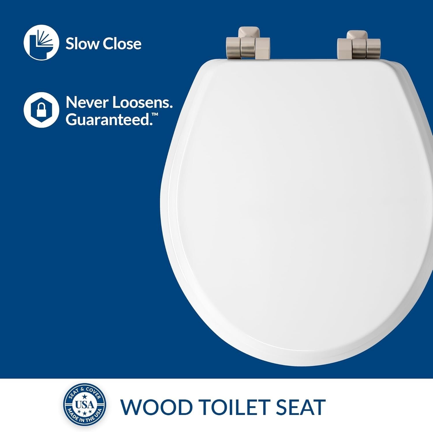Stylish Round Toilet Seat with Soft Close Feature & Decorative Nickel Hinges