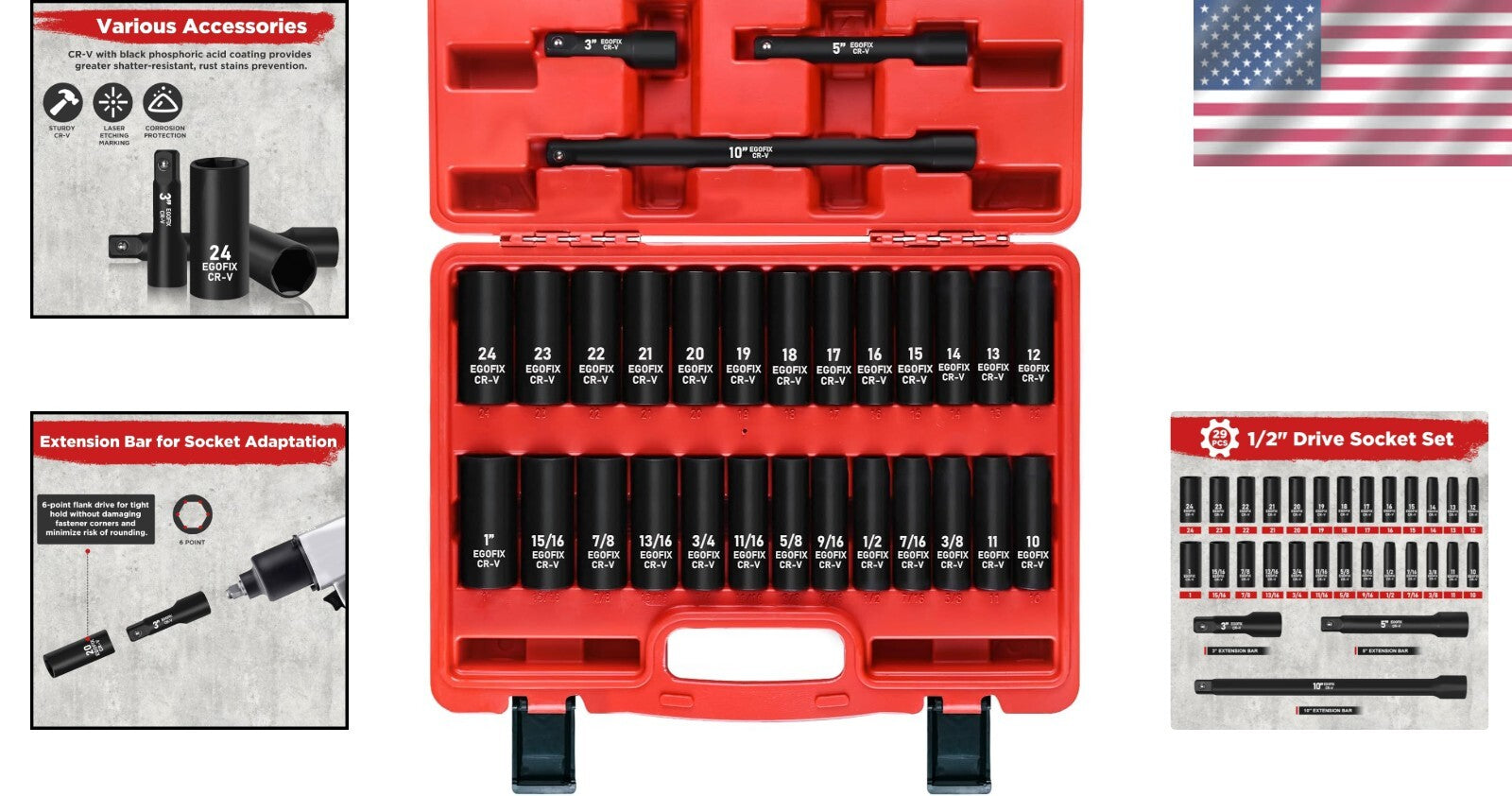 29-Piece Chrome Vanadium 1/2" Socket Set with Extensions for Home & Garage