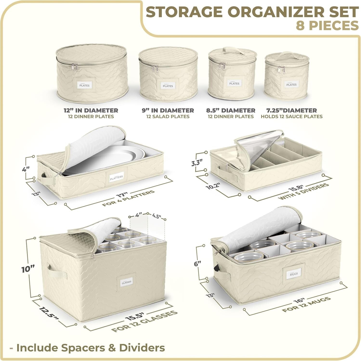 Elegant Quilted China and Dish Storage Containers - 8pc Stackable Organizer Set