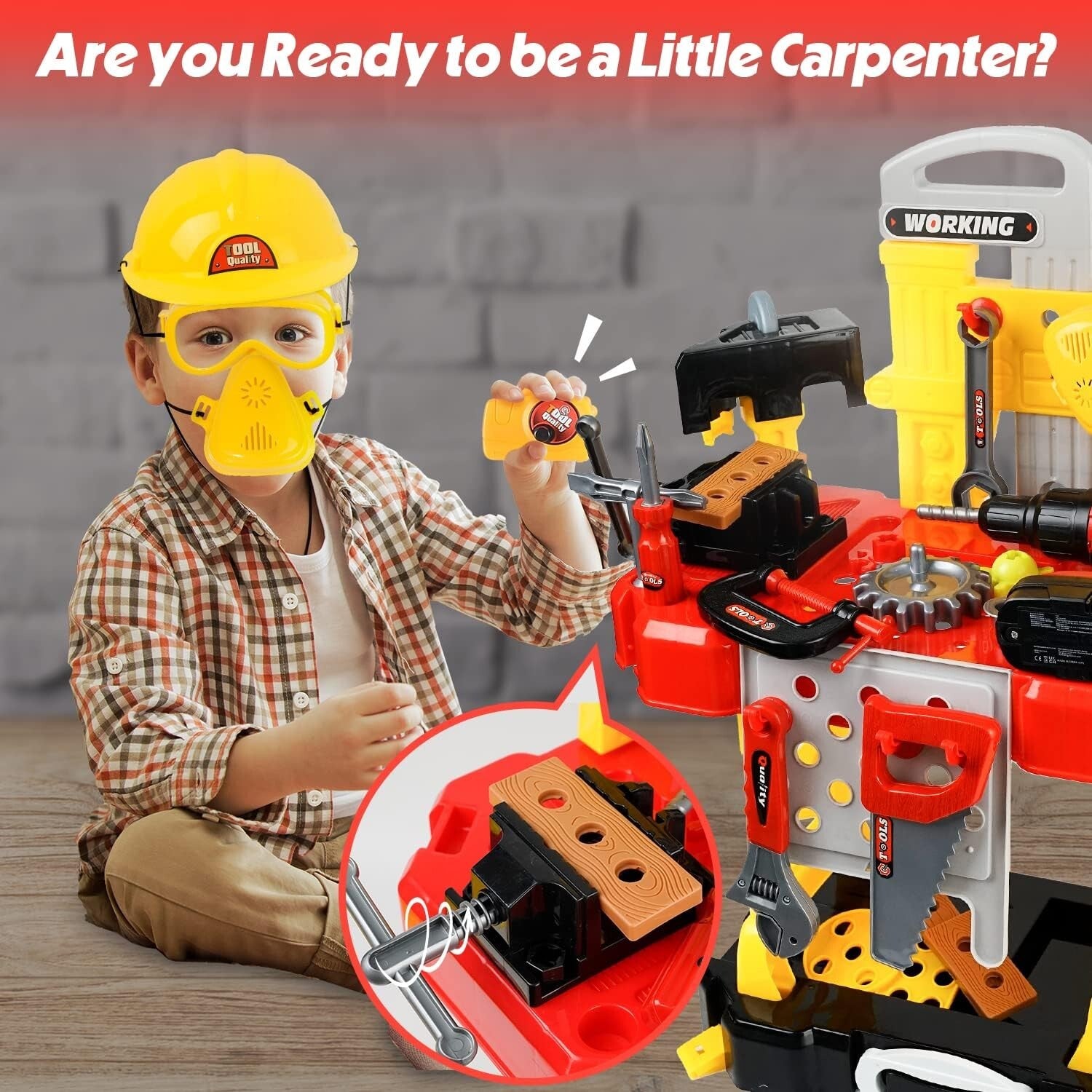 Creative Kids Tool Set with Realistic Electric Drill & Transformable Workbench