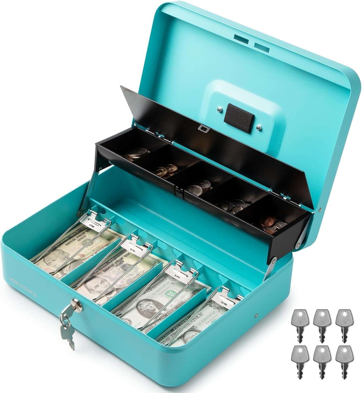 Cyan Key Lock Cash Box: Durable Portable Safe for Events - Heavy-Duty Design