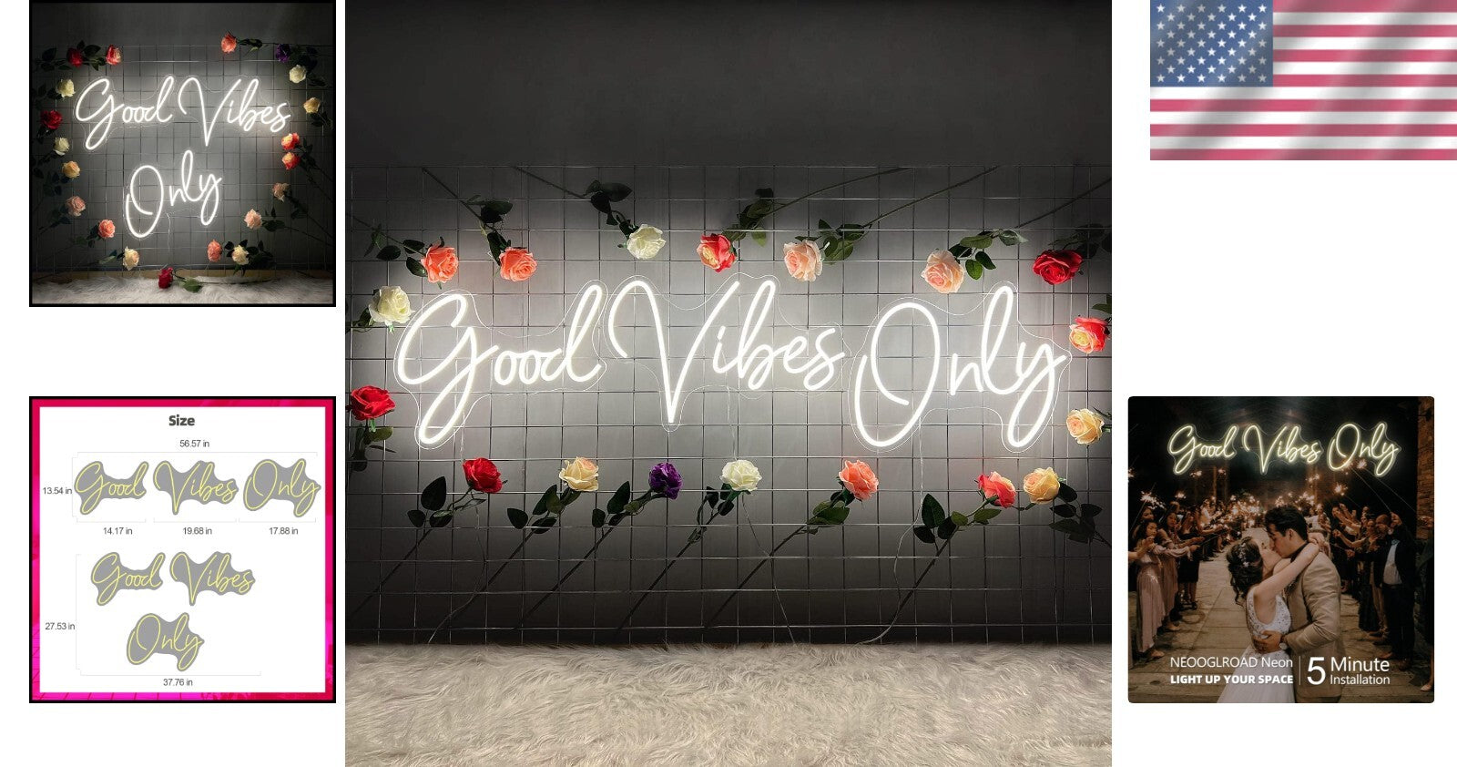 Easy Install 'Good Vibes Only' Neon Sign - 3-Piece LED Light for Unique Ambiance