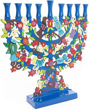 Load image into Gallery viewer, Stunning Blue Menorah Featuring Tree Design &amp; Colorful Birds - Perfect Gift
