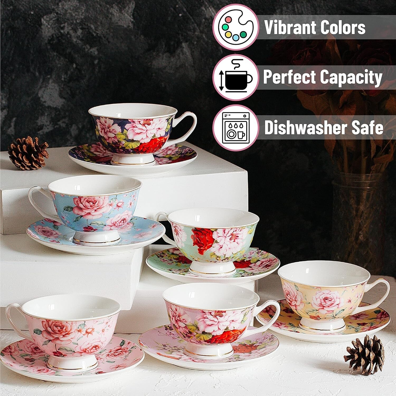 Assorted Floral Tea Cups and Saucers – 6 Piece Set with Elegant Gold Details