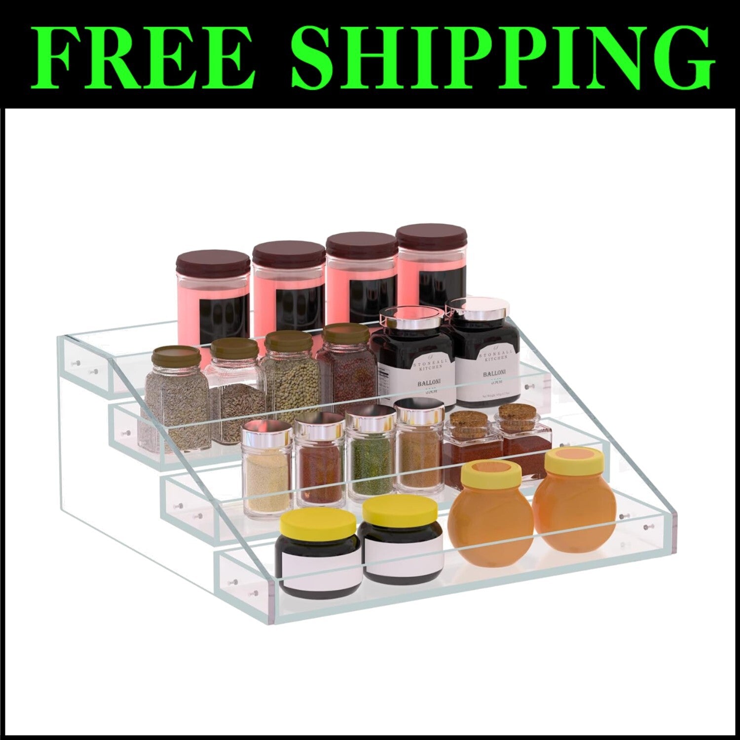 4-Tier Acrylic Spice Organizer - Secure and Stylish Kitchen Storage Solution