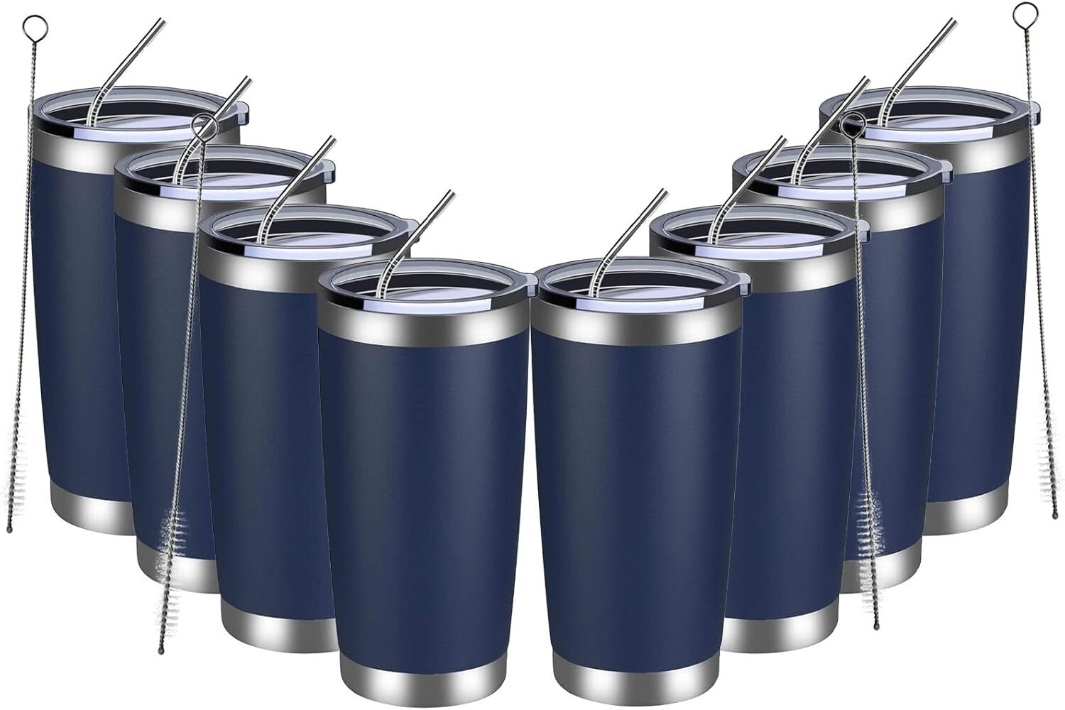Navy 20oz Stainless Steel Tumblers - 8 Pack Double Wall Insulated Travel Mugs