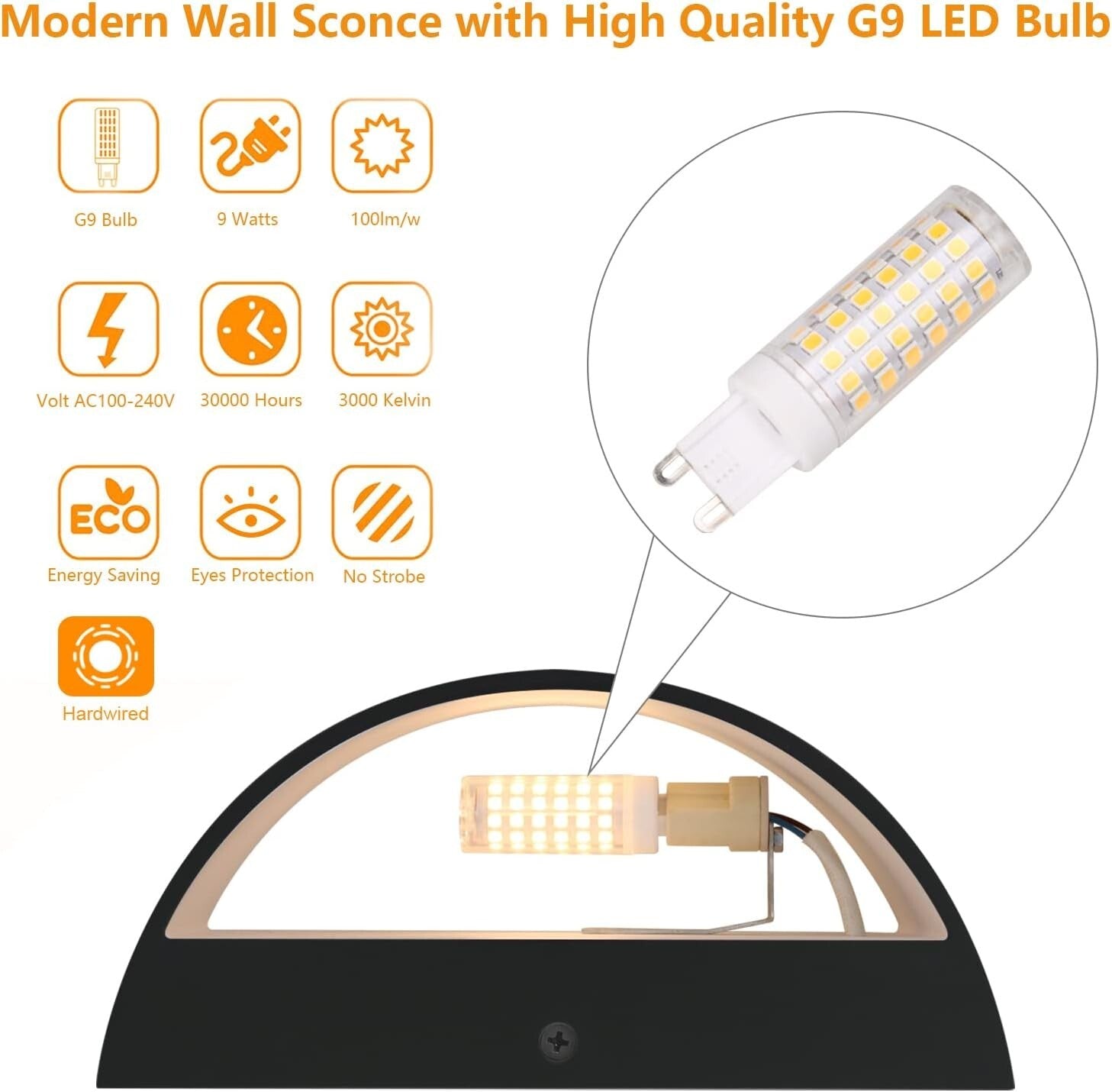 Energy-Efficient Black LED Wall Light with Replaceable G9 Bulb - Modern Elegance