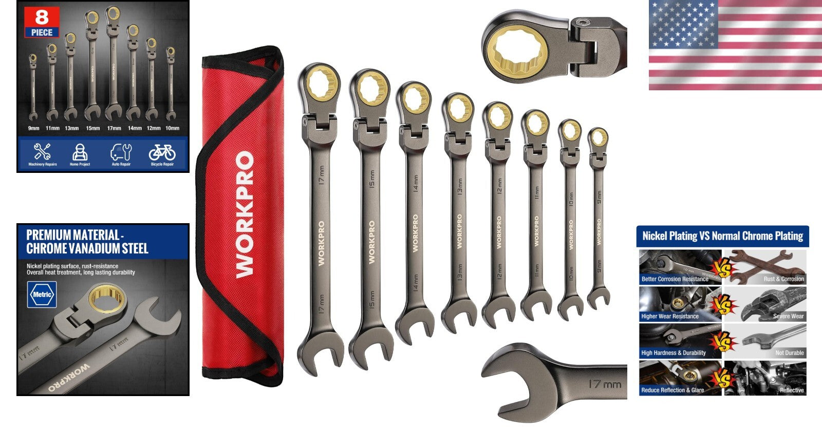 8-Piece Metric Flex-Head Ratcheting Wrench Set - 9-17 mm with Organizer Bag