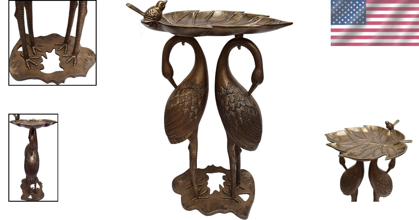 Elegant Antique Bronze Bird Bath with Crane Sculptures - 29 Lbs, Easy Assembly