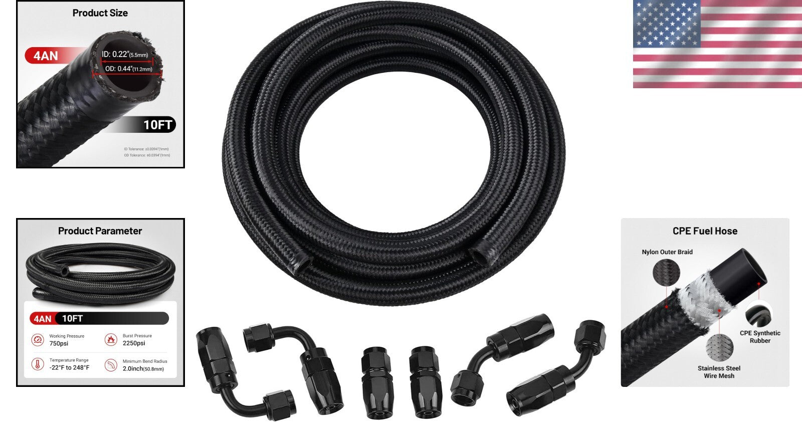 10FT High-Performance 4AN Fuel Hose Kit - CPE Synthetic Rubber Braided Design