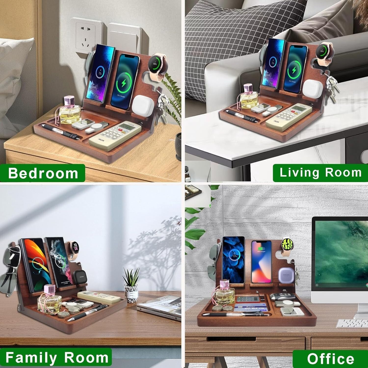 27W Wood Charging Station: 4-in-1 Fast Wireless Charger & Nightstand Organizer