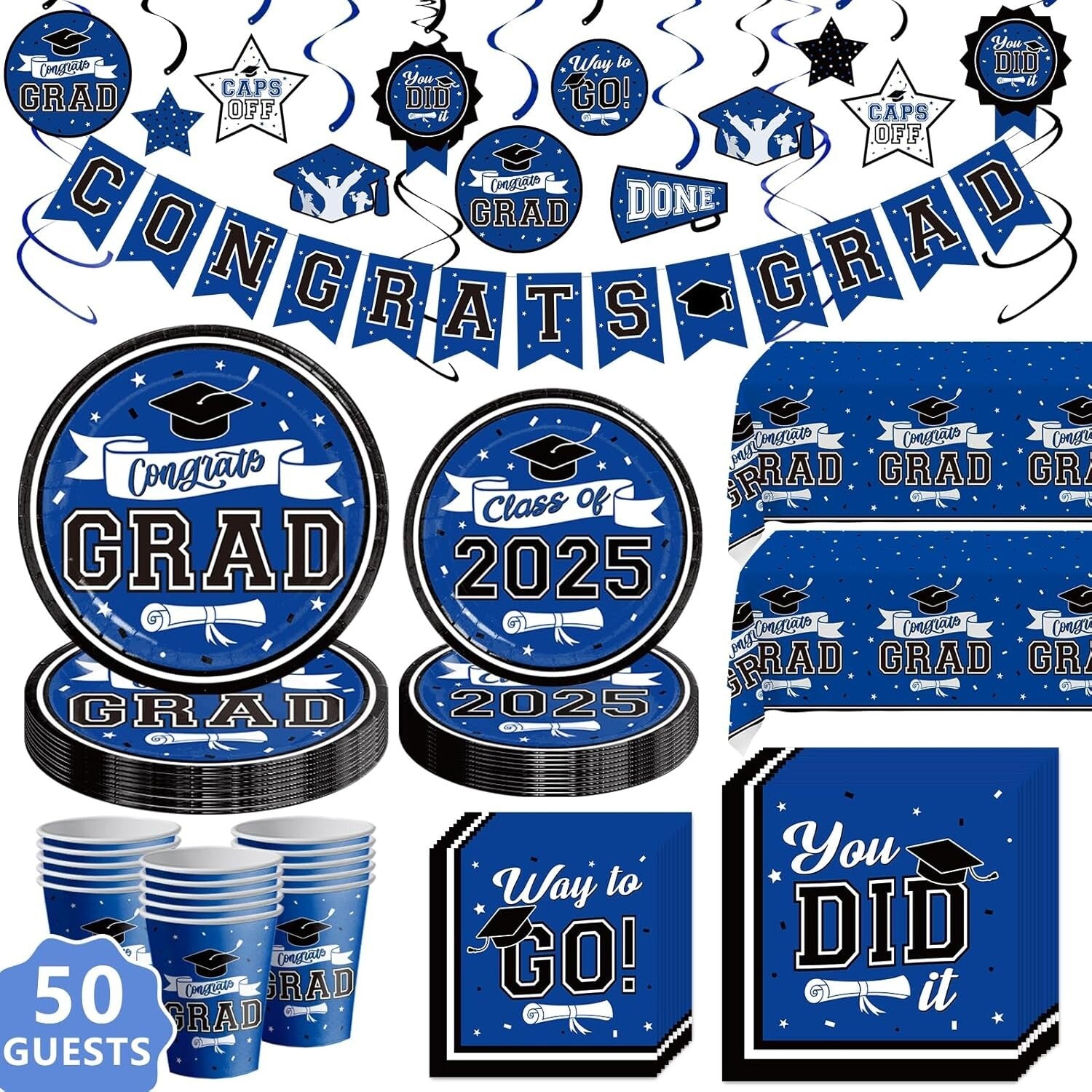 Convenient Graduation Party Supplies Set with Decor for 50 Guests - Blue