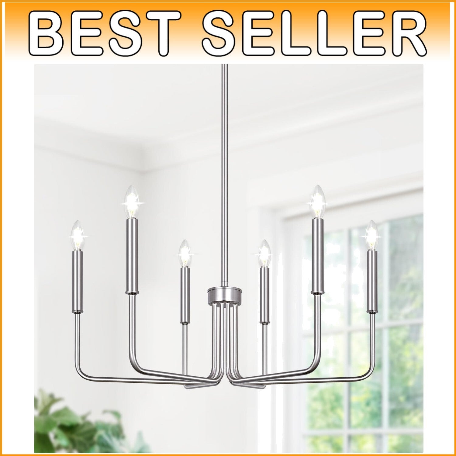 Adjustable Height 6-Light Brushed Nickel Chandelier - Modern Farmhouse Style