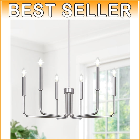 Adjustable Height 6-Light Brushed Nickel Chandelier - Modern Farmhouse Style