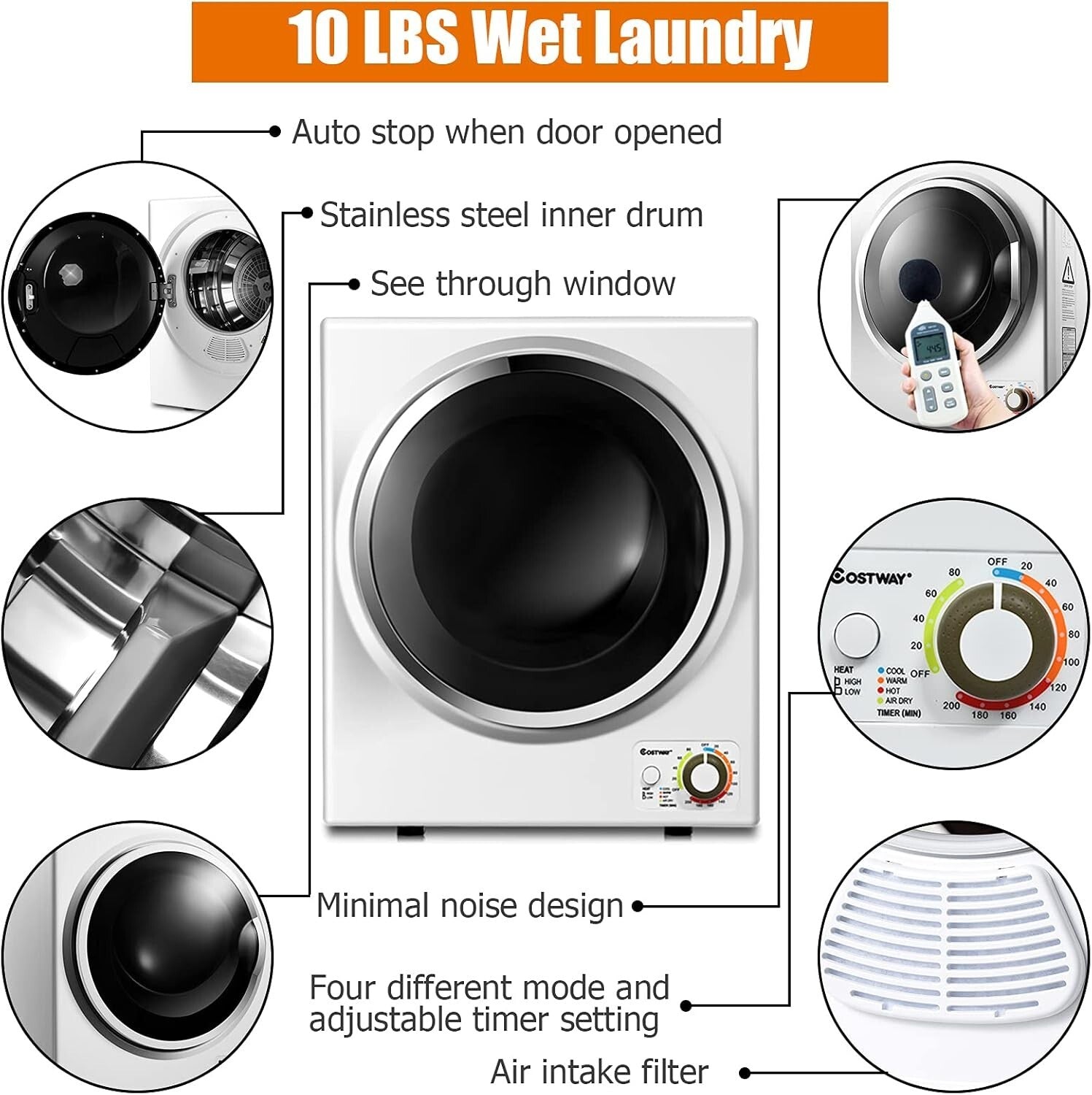 Efficient 110V Electric Clothes Dryer - 10 lbs Capacity, 4 Modes, Compact Design