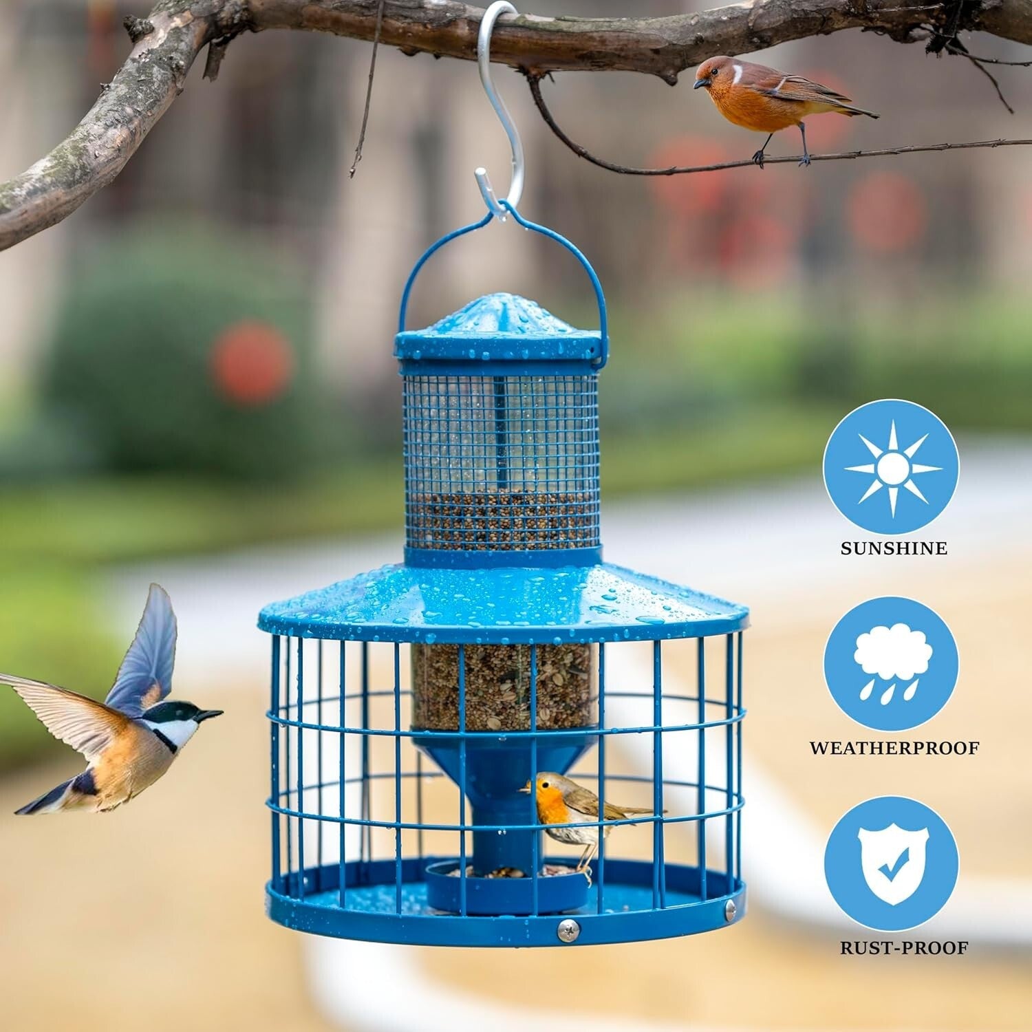 Durable Blue Hanging Bird Feeder for Finch & Bluebird - Squirrel-Proof Design