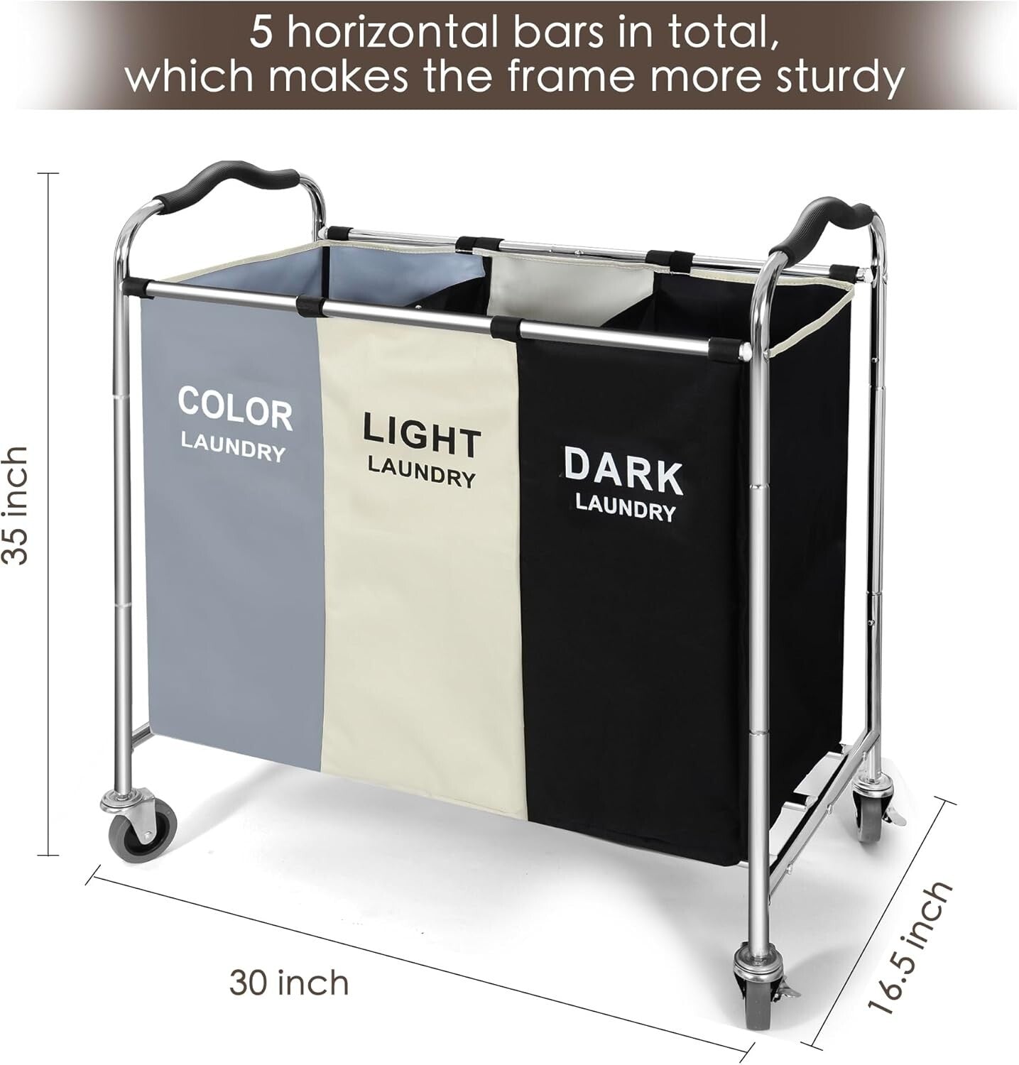 Durable 3-Compartment Laundry Cart with Wheels - Waterproof & Lightweight Design