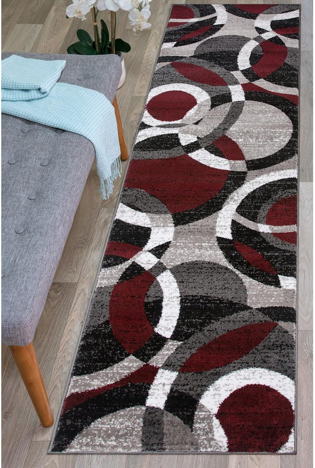 Durable Red Abstract Geometric Runner Rug - Perfect for Living Rooms & Kitchens