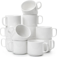 Load image into Gallery viewer, Microwave &amp; Dishwasher Safe Stackable Coffee Mugs – 12 Oz, White Porcelain Set