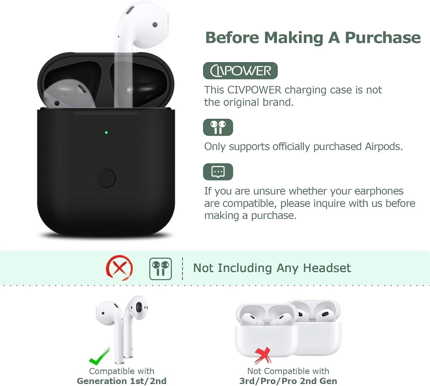 Durable Hard-Shell Wireless Charging Case for AirPods 1 & 2 with Sync Button