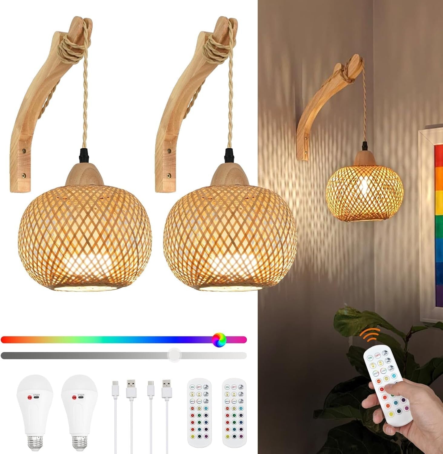 Rechargeable Boho Wall Sconces Set - Remote Controlled, 15 Colors & Dimmable