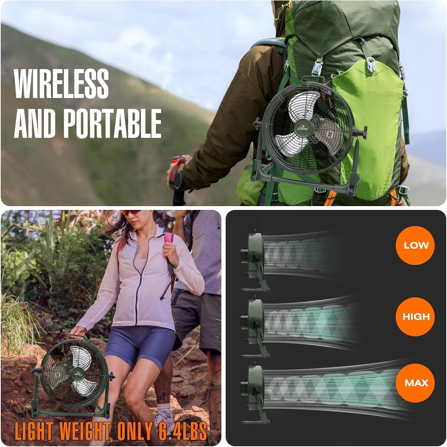 Portable Camping Floor Fan - Rechargeable 12-Inch Metal Blade High Velocity Fan