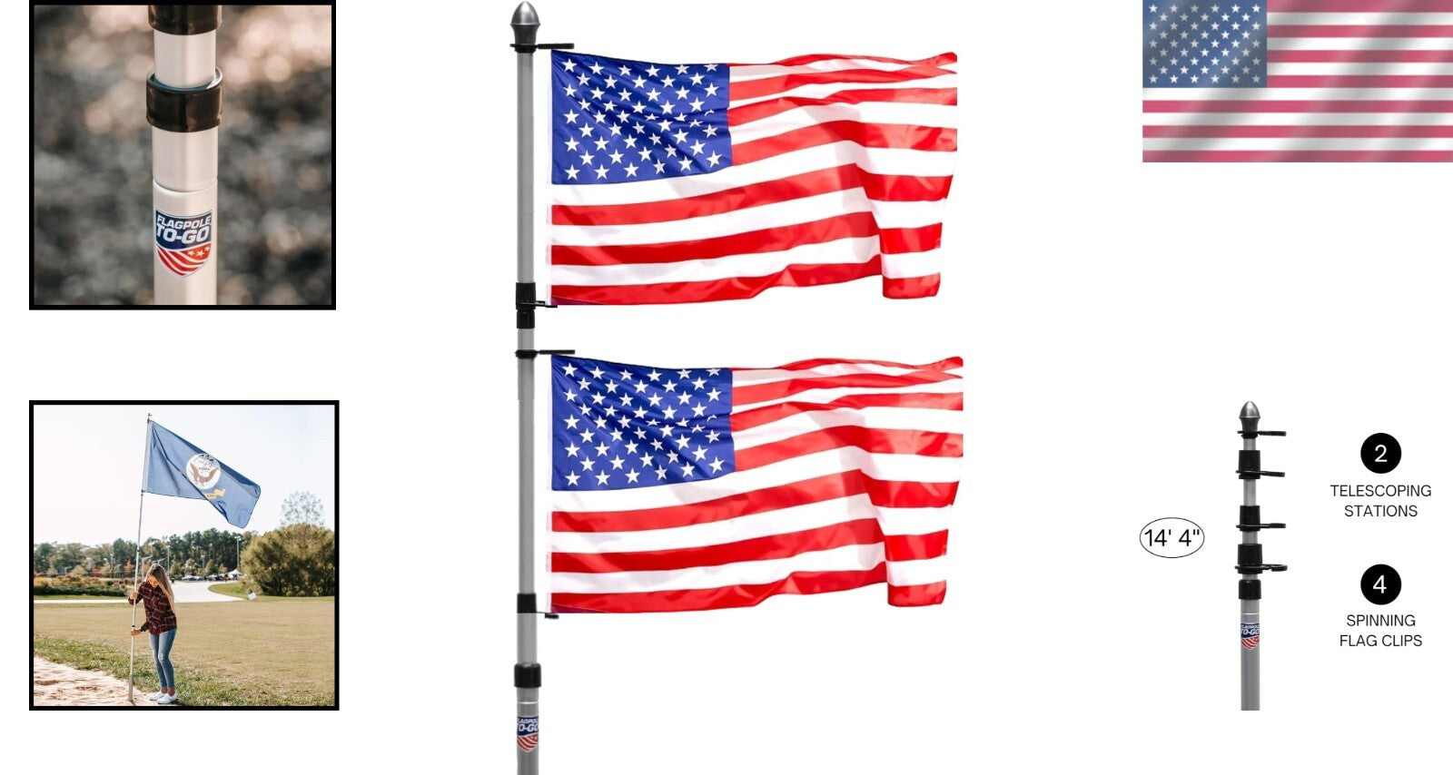Lightweight 14'4" Telescoping Flagpole with Clips - Perfect for Sports Events
