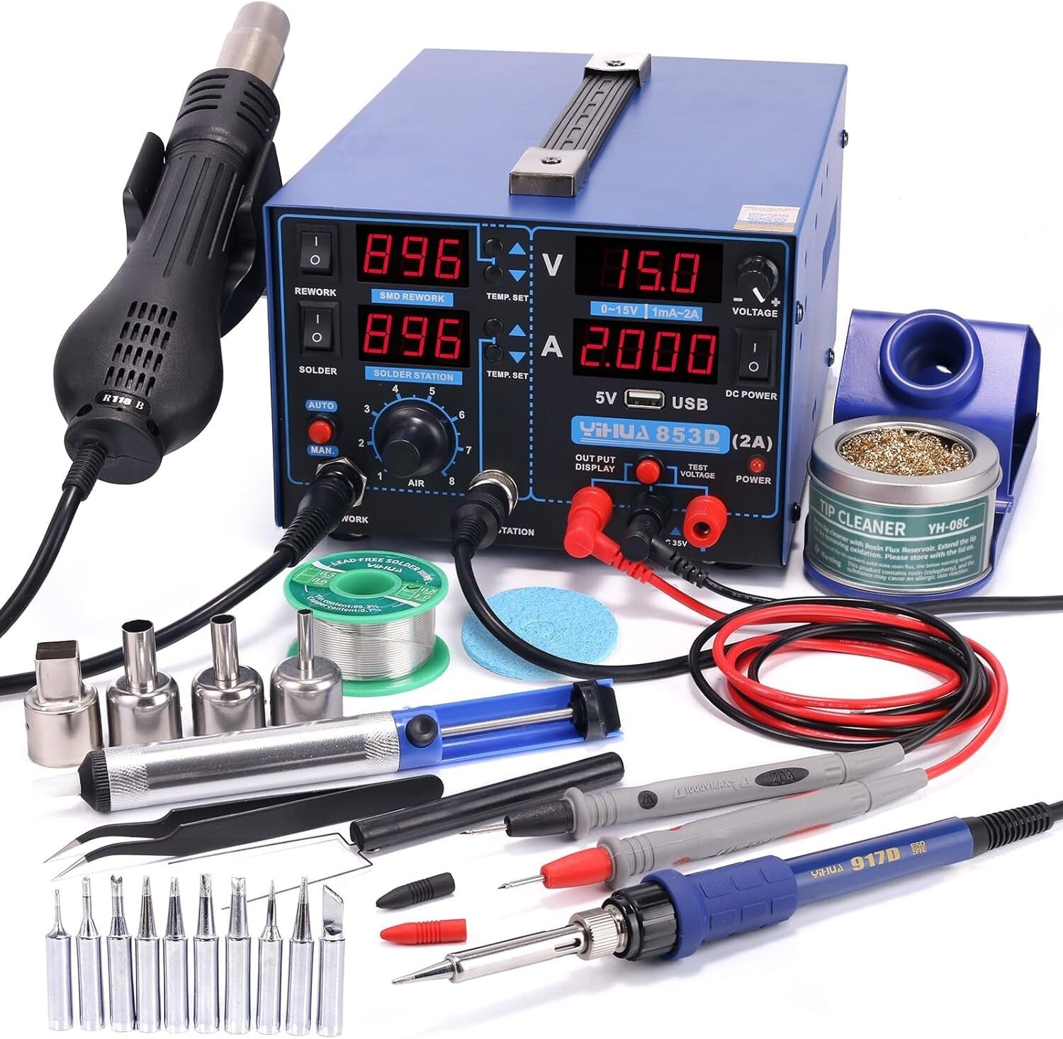 Versatile 3-in-1 Soldering Iron, Hot Air Rework, and 2A DC Power Supply Station
