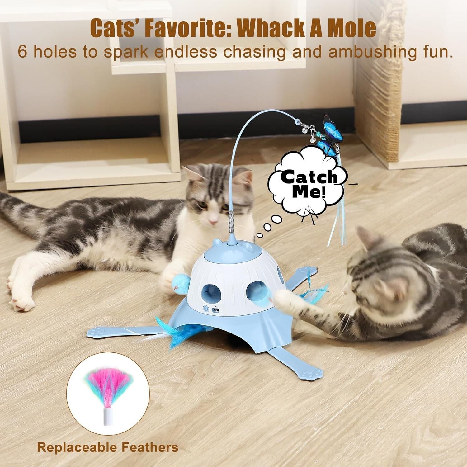 Multi-Cat Friendly Automatic Cat Toy: Whack-a-Mole, Butterfly, Feather Action