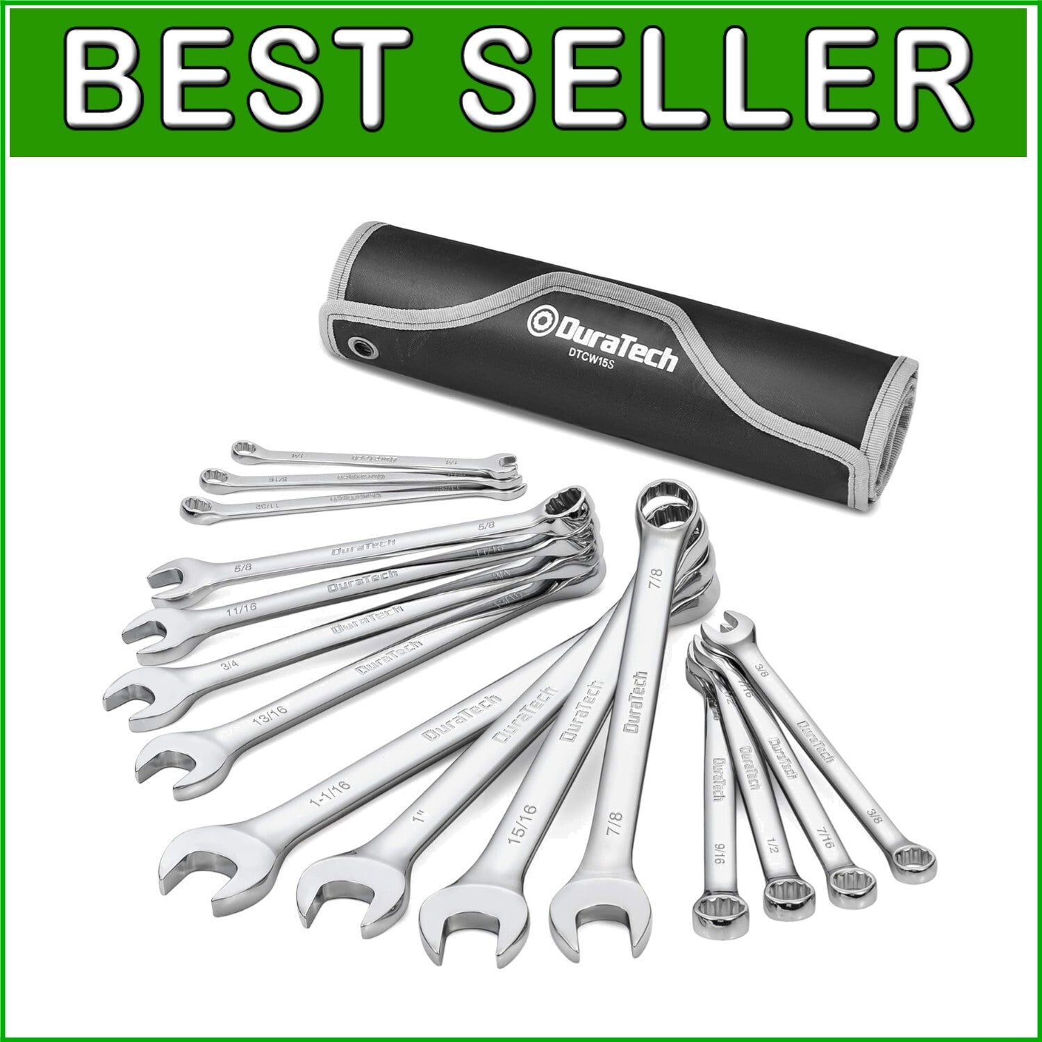 15-Piece Combination Wrench Set - Chrome Vanadium, 12-Point, Portable Pouch