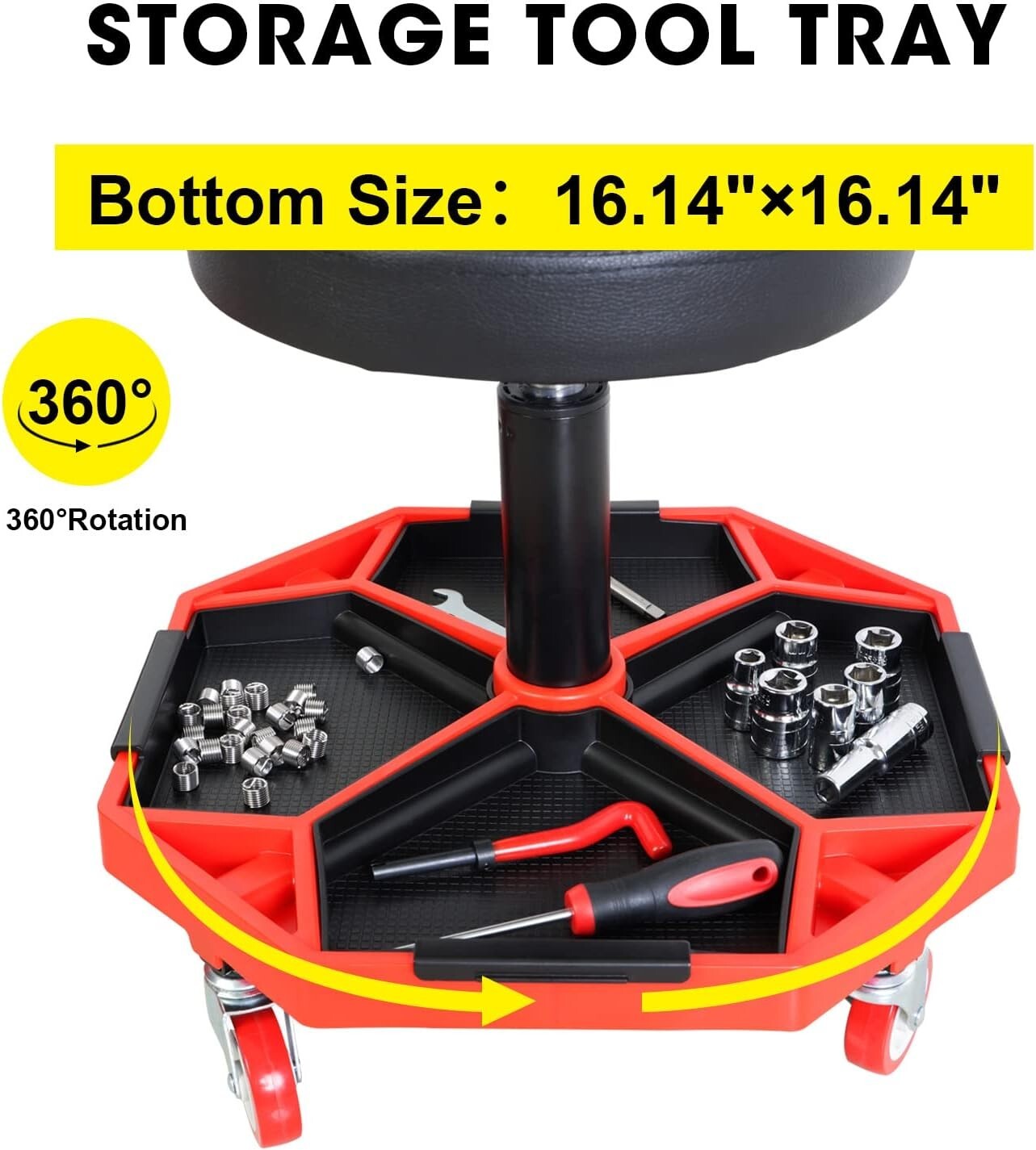 Durable Pneumatic Rolling Mechanic Stool with Soft Vinyl Seat, 300 lbs Capacity