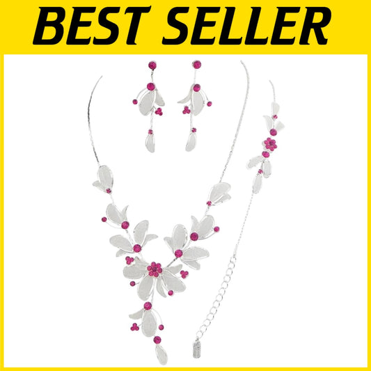 Elegant 3-Piece Floral Rhinestone Jewelry Set - Adjustable Necklace & Earrings