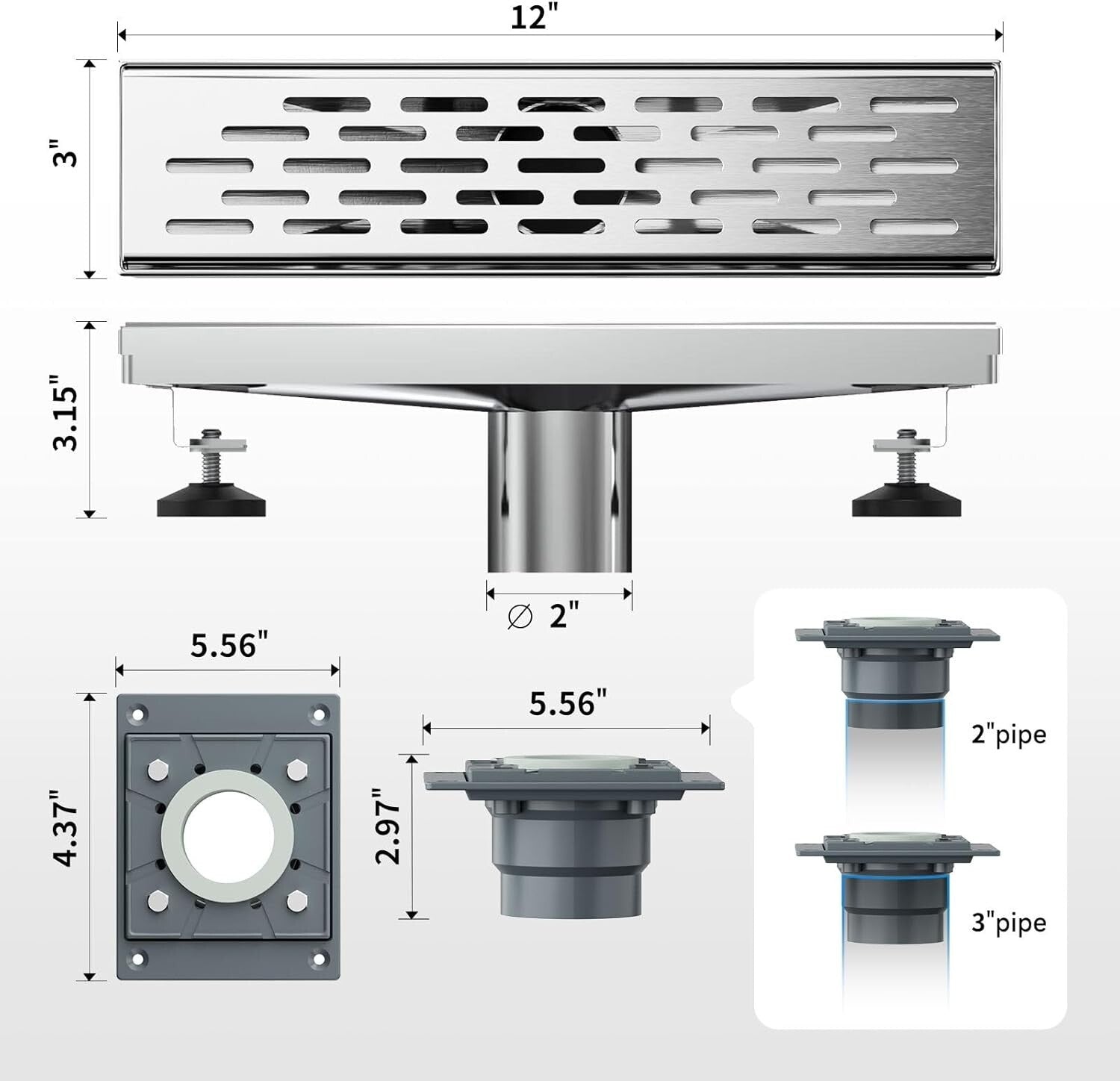 304 Stainless Steel Square Shower Drain: 12-Inch Drainage with Hair Strainer