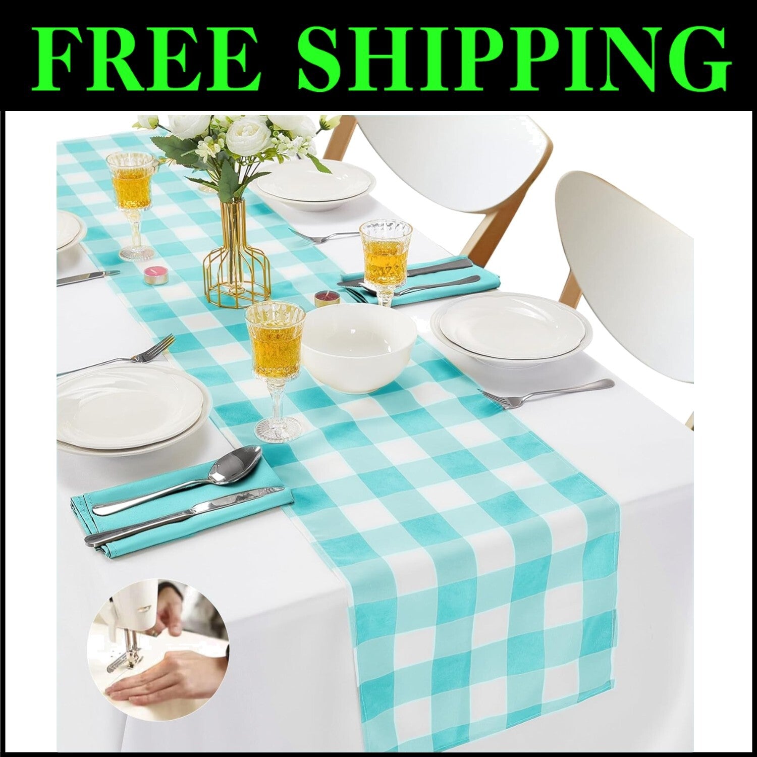 Versatile Aqua Checkered Table Runners - 12-Pack, Ideal for Dining & Weddings