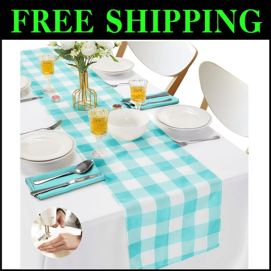 Versatile Aqua Checkered Table Runners - 12-Pack, Ideal for Dining & Weddings