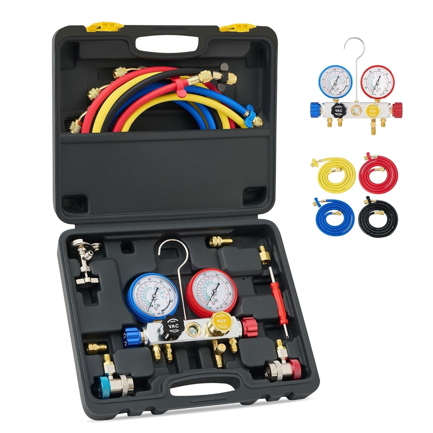 Automotive AC Diagnostic Tool Set with Color-Coded Hoses & Pressure Gauges