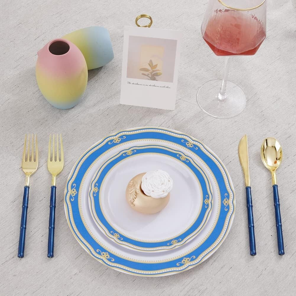 Disposable Gold Plastic Cutlery with Blue Glitter Bamboo Handles - 180 Pieces