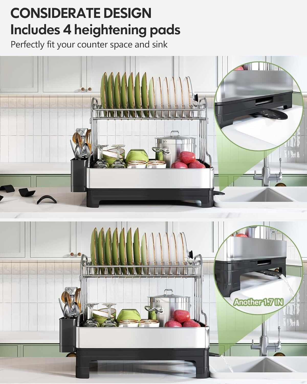 Extra Large Stainless Steel 2-Tier Dish Drying Rack with Utensil Holder, Black