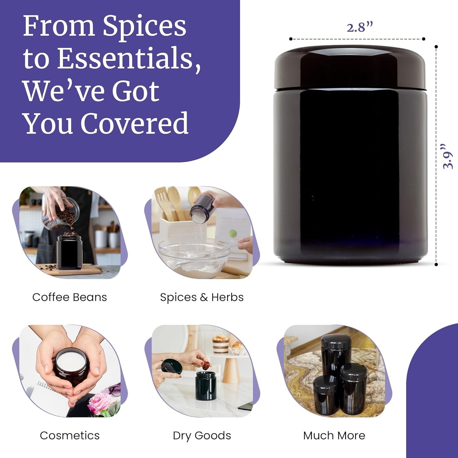 Classic Black Glass 250ml Jars (3 Pack) - Airtight & Smell-Proof for Freshness