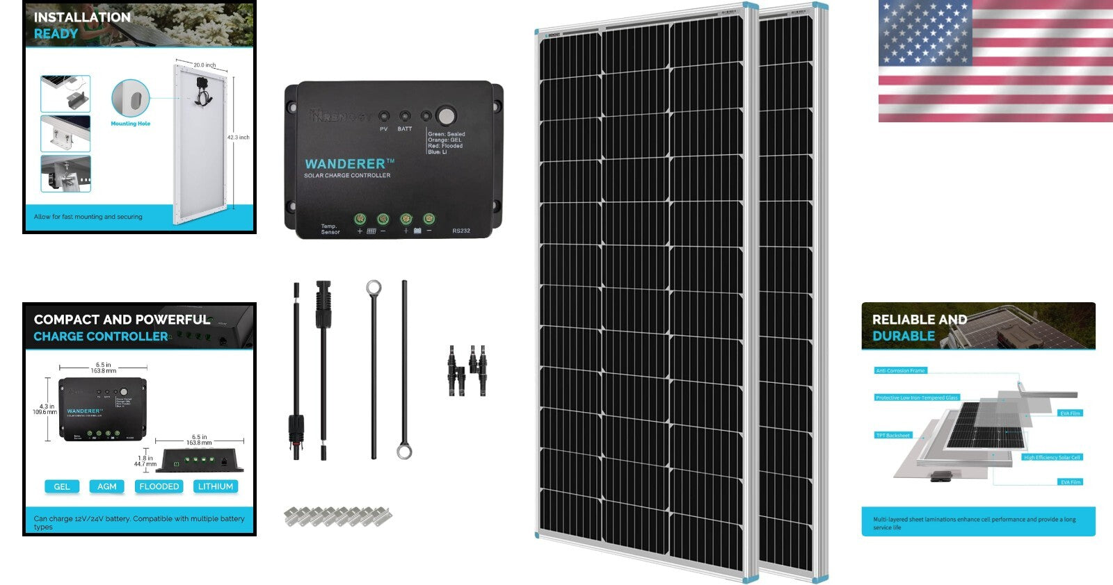 Durable 200W Solar Starter Kit for RVs and Off-Grid Living - 30A PWM Included