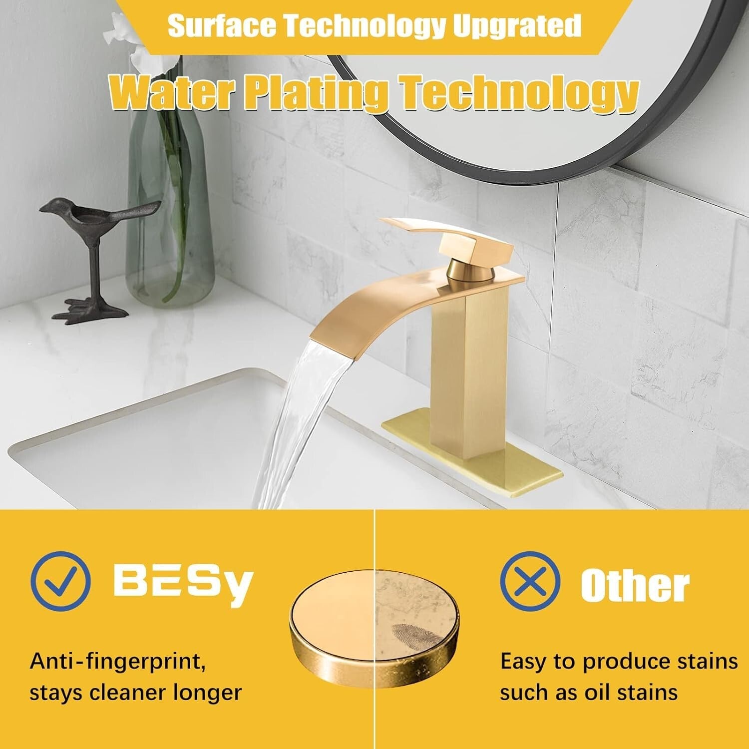 Stylish Brushed Gold Sink Faucet - Waterfall Spout, Short Design, Easy Install