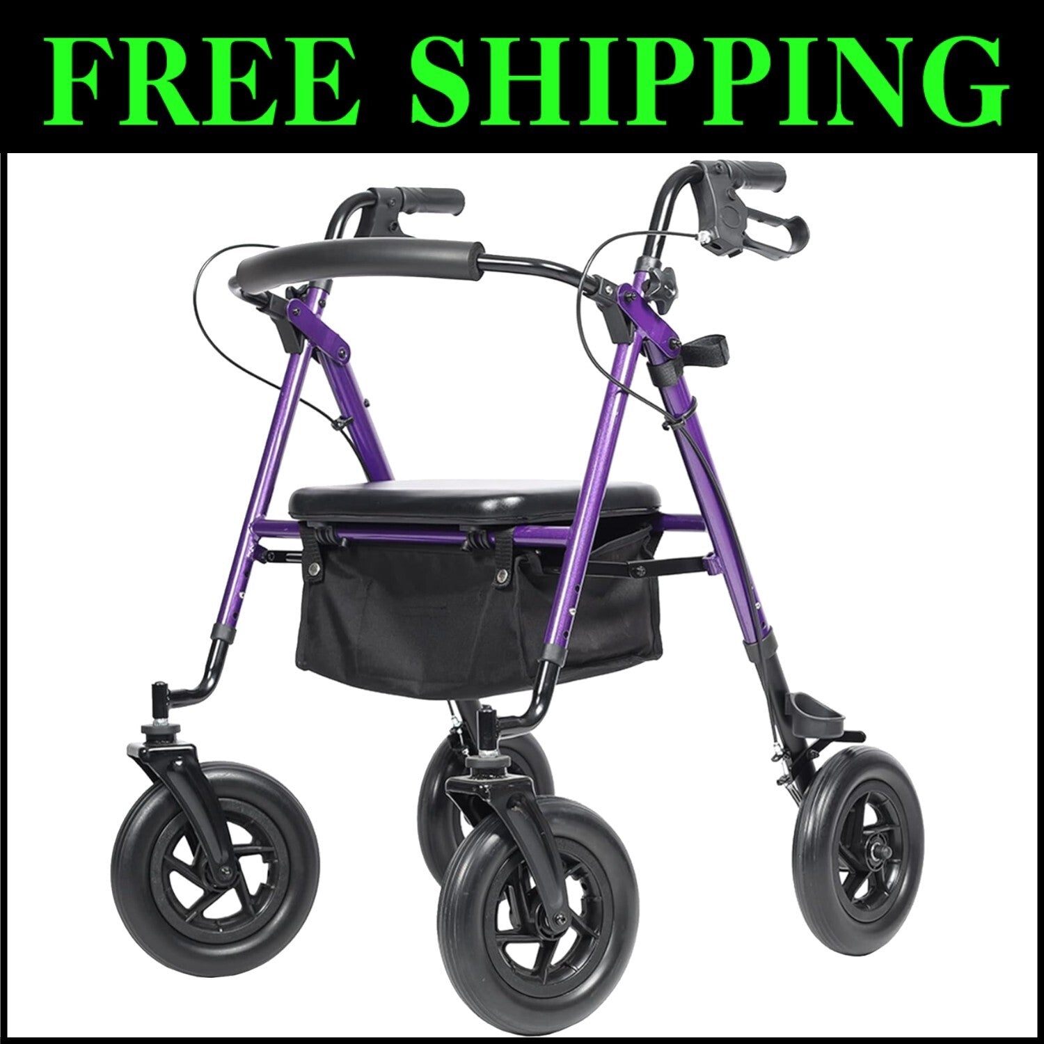 Lightweight Purple Rollator Walker with Large Rubber Wheels & Storage Basket