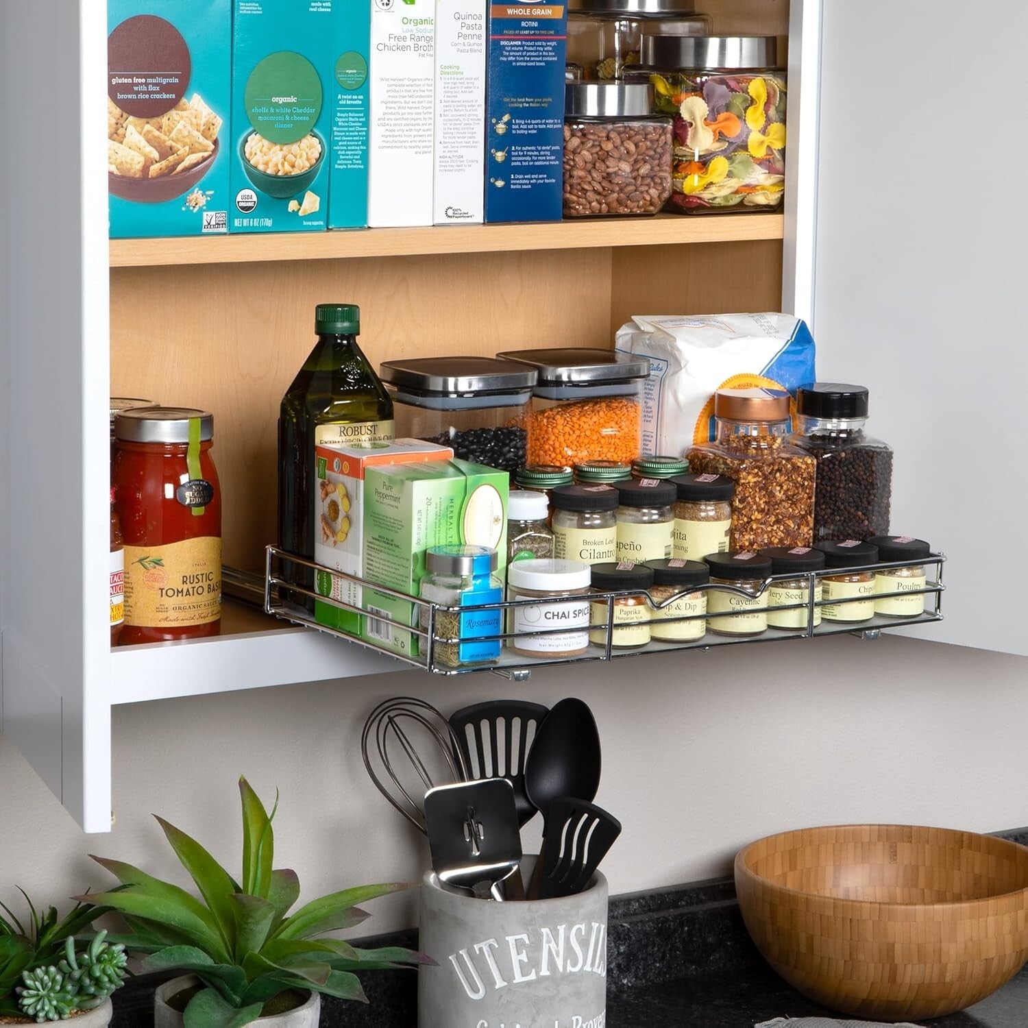 Durable Chrome Pull-Out Spice Organizer - Perfect for Narrow Kitchen Cabinets