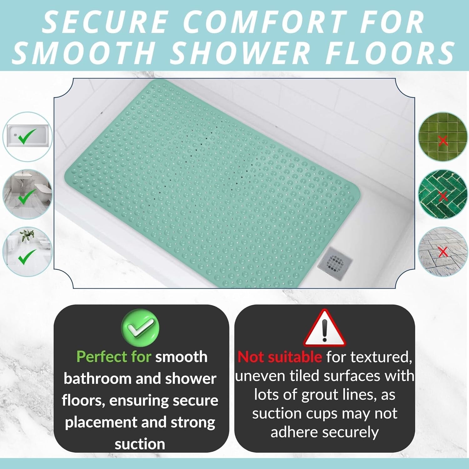 Extra Large Non-Slip Shower Mat 47 x 32 - Aqua Green Bath Safety Solution