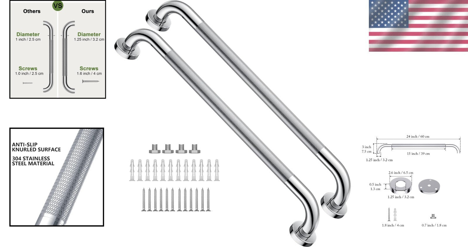 Elegant 24 Inch Chrome Grab Bar Set - Anti-Slip Handrails for Enhanced Safety